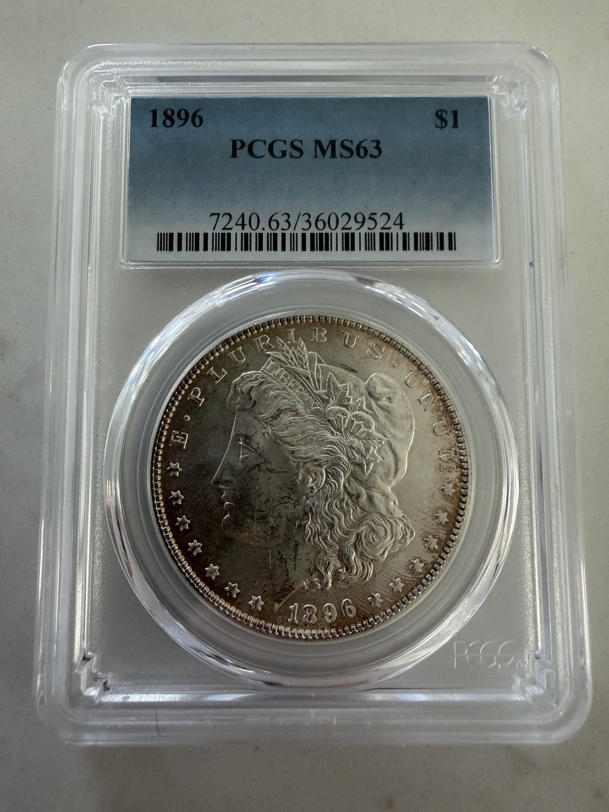1896 P Morgan Silver Dollar PCGS MS63 Slabbed 90% Silver Some Toning Obverse Rim