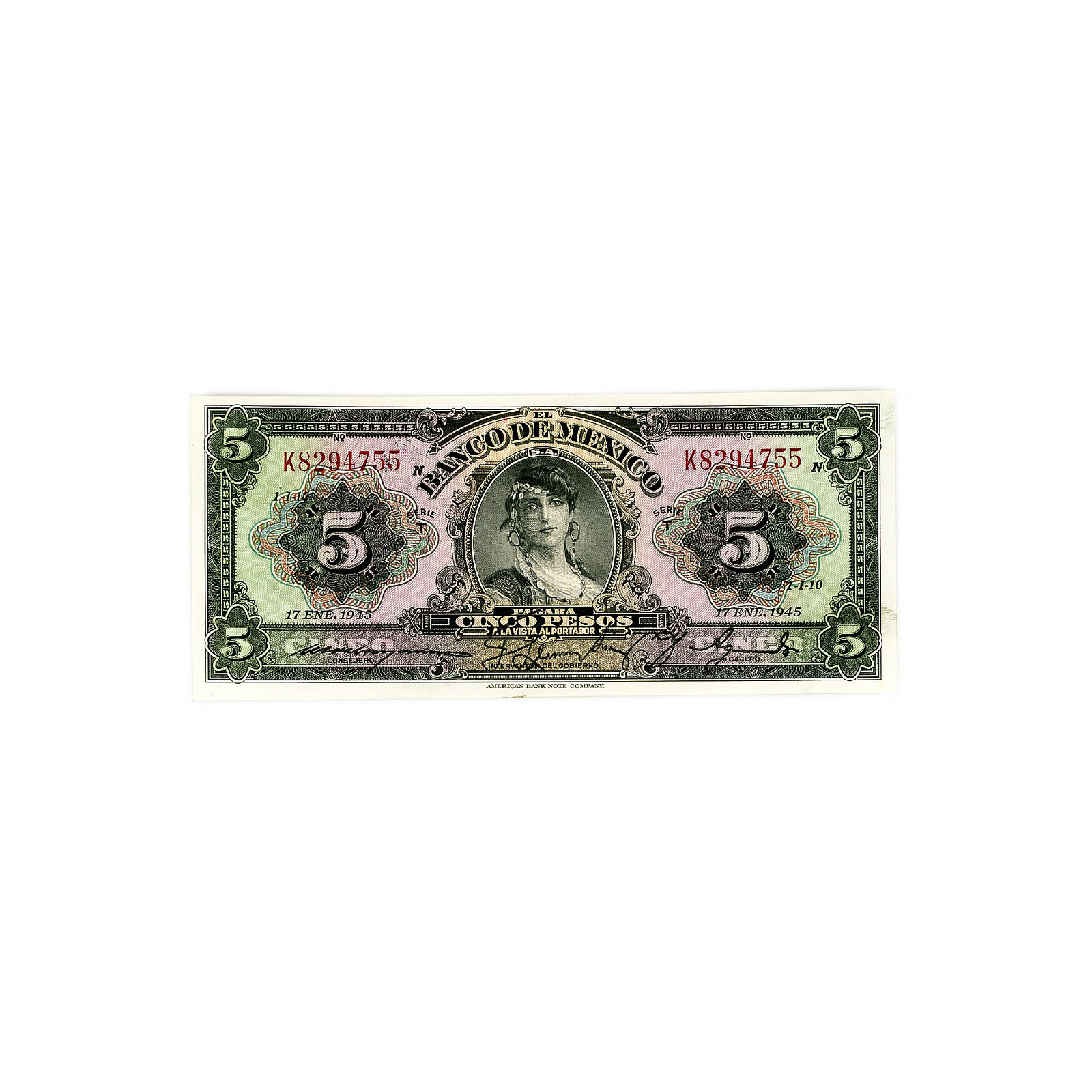 Mexico 5 Pesos 1945 P-34a Au-Unc.
