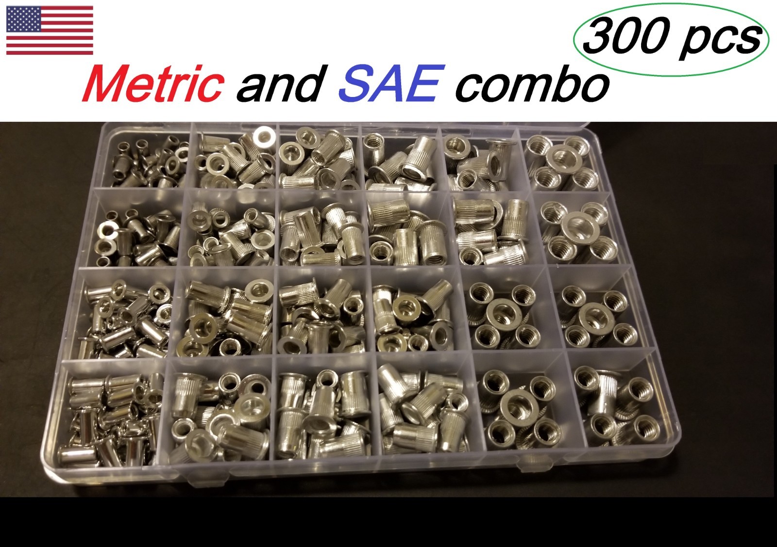 300 pcs Aluminum Rivet Nut  Kit Rivnut Nutsert Assort (150pcs Metric+150pcs SAE)