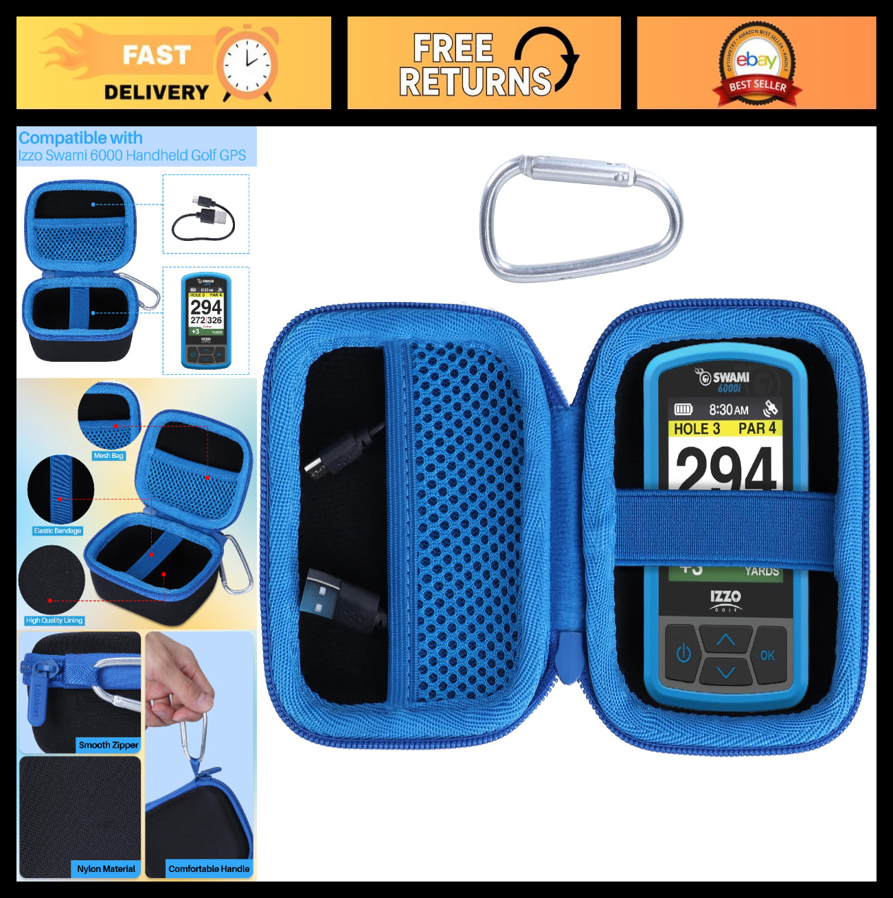 Durable Hard Case for Handheld Golf GPS - Fits Izzo Swami 6000 - Black & Blue