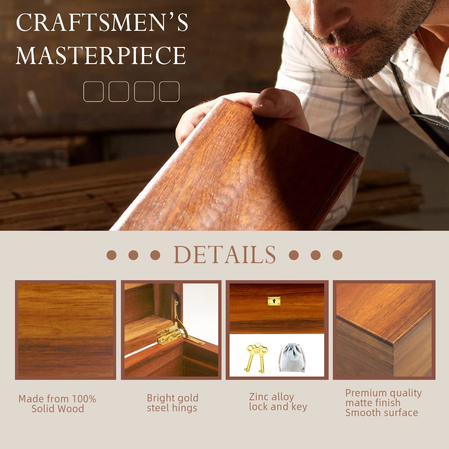 Wooden Storage Box with Hinged Lid and Locking Key Large Premium Solid Acacia...