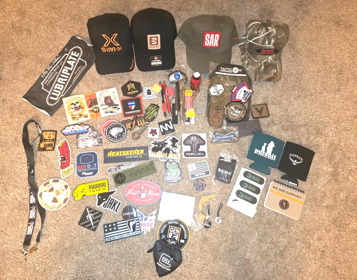 4 Hats Banish, SAR + more, Glock Bag, 30+ stickers, + SHOT show swag