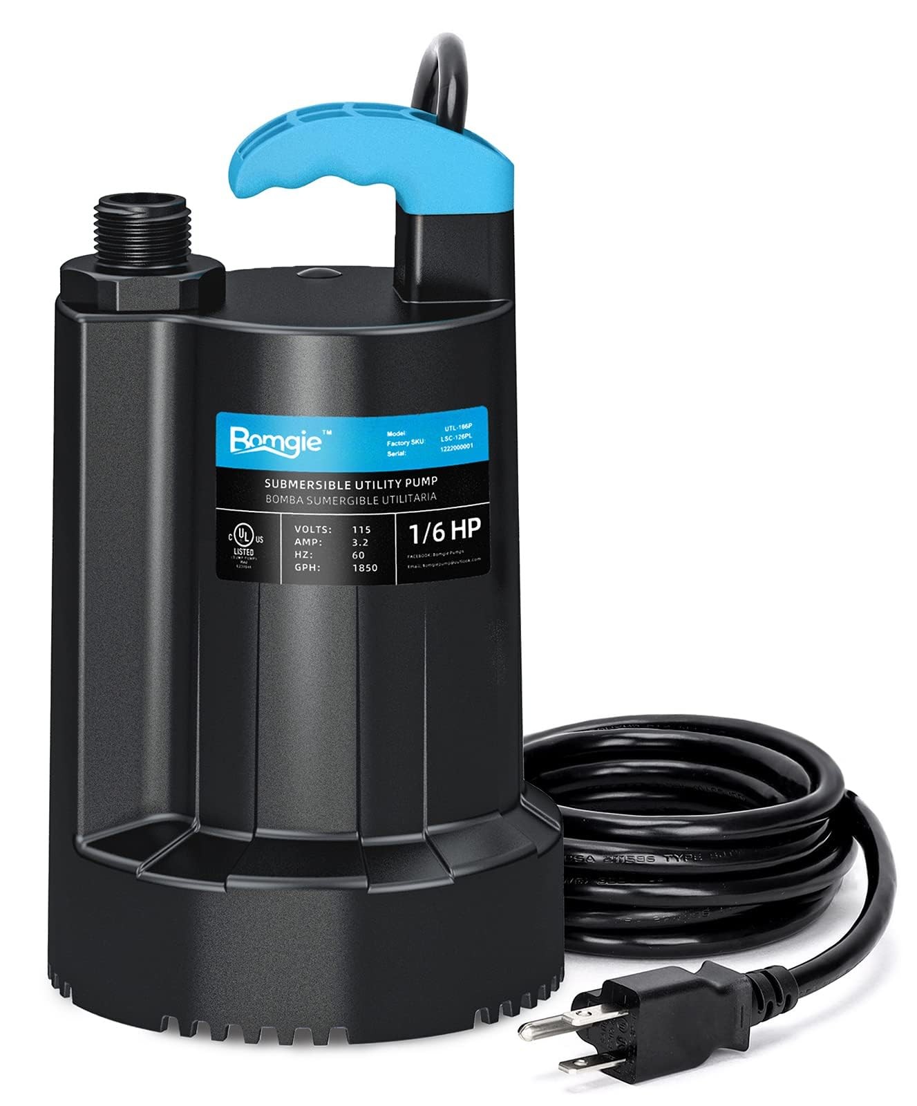 BOMGIE Submersible Water Pump 1/6 HP, 1850GPH HP Sump Pump, Black
