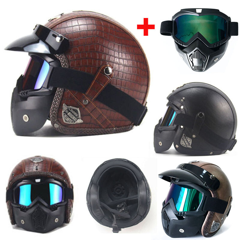 Leather Motocycle Helmet Half Face Motorcross Street Bike Scooter Helmet+Mask