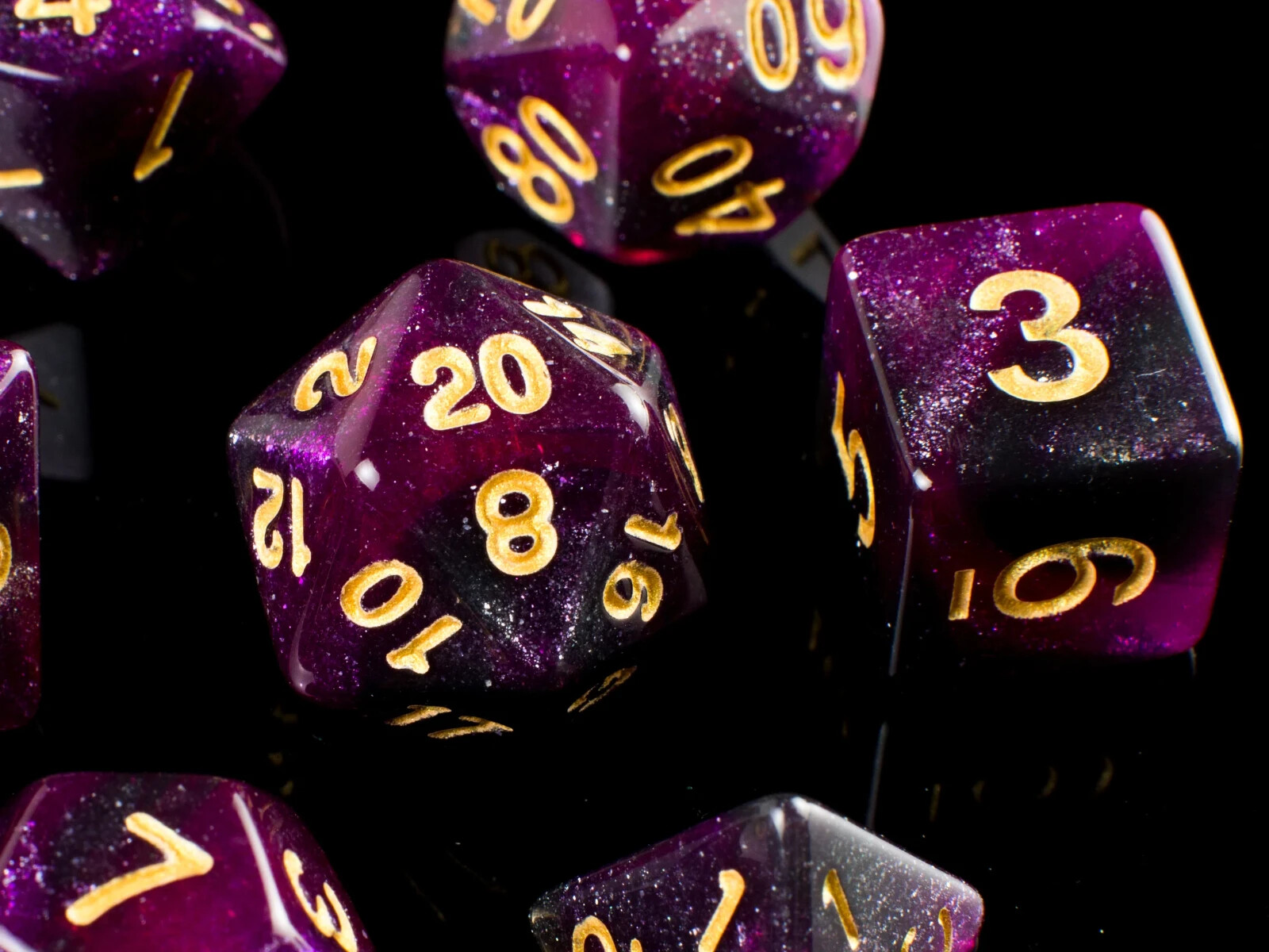 Purple Nebula Dice - Black and Purple Glitter Acrylic (Set of 7) DnD Dice
