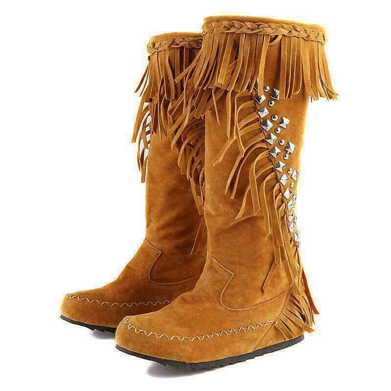 Women's Fashion Tassel Fringe Flat Shoes Pull On Flats Mid Calf Knee High Boots