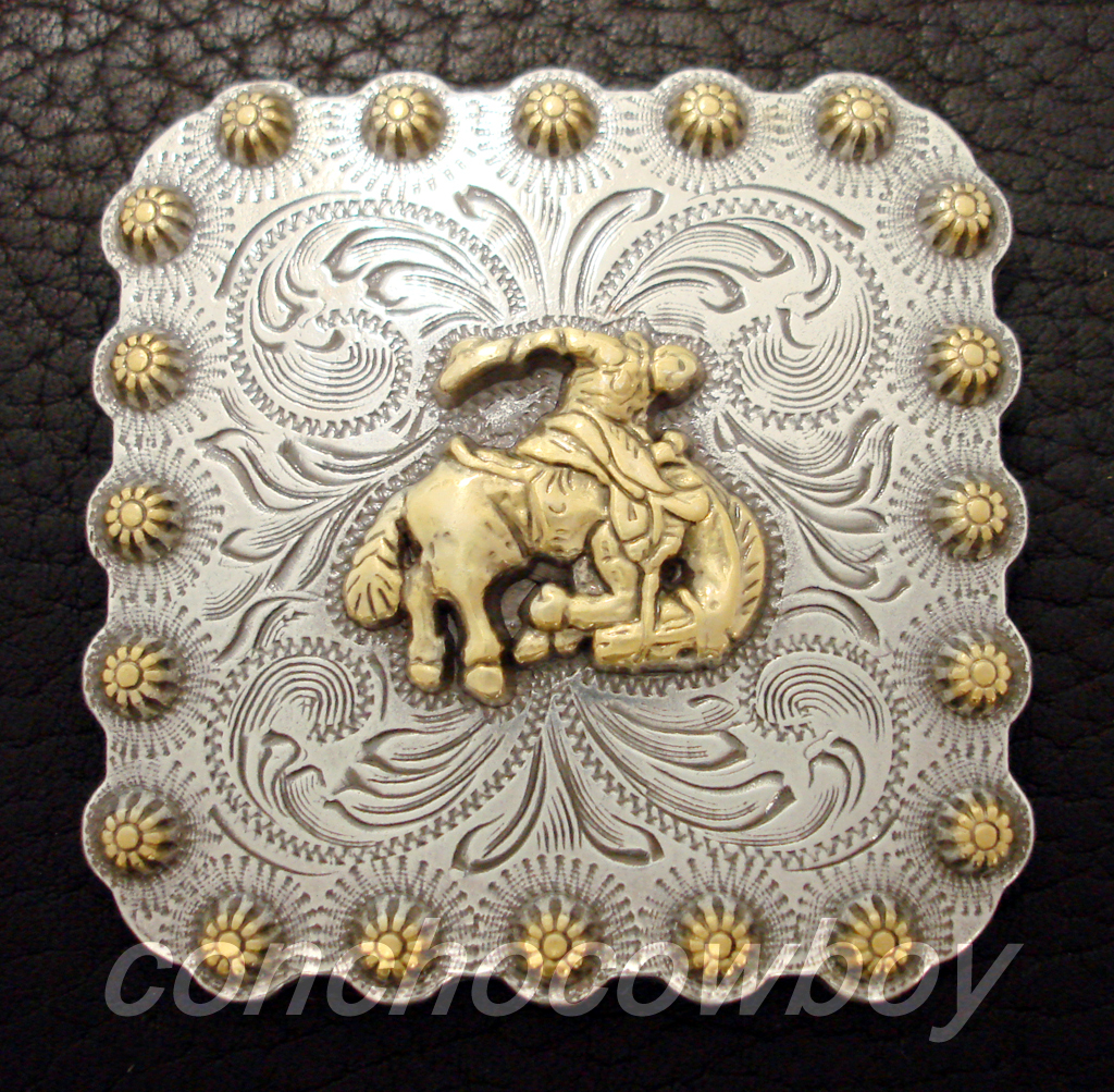 WESTERN SADDLE HORN CAP GOLD BRONC RIDER BERRY SQUARE CONCHO 2-1/4" screw back
