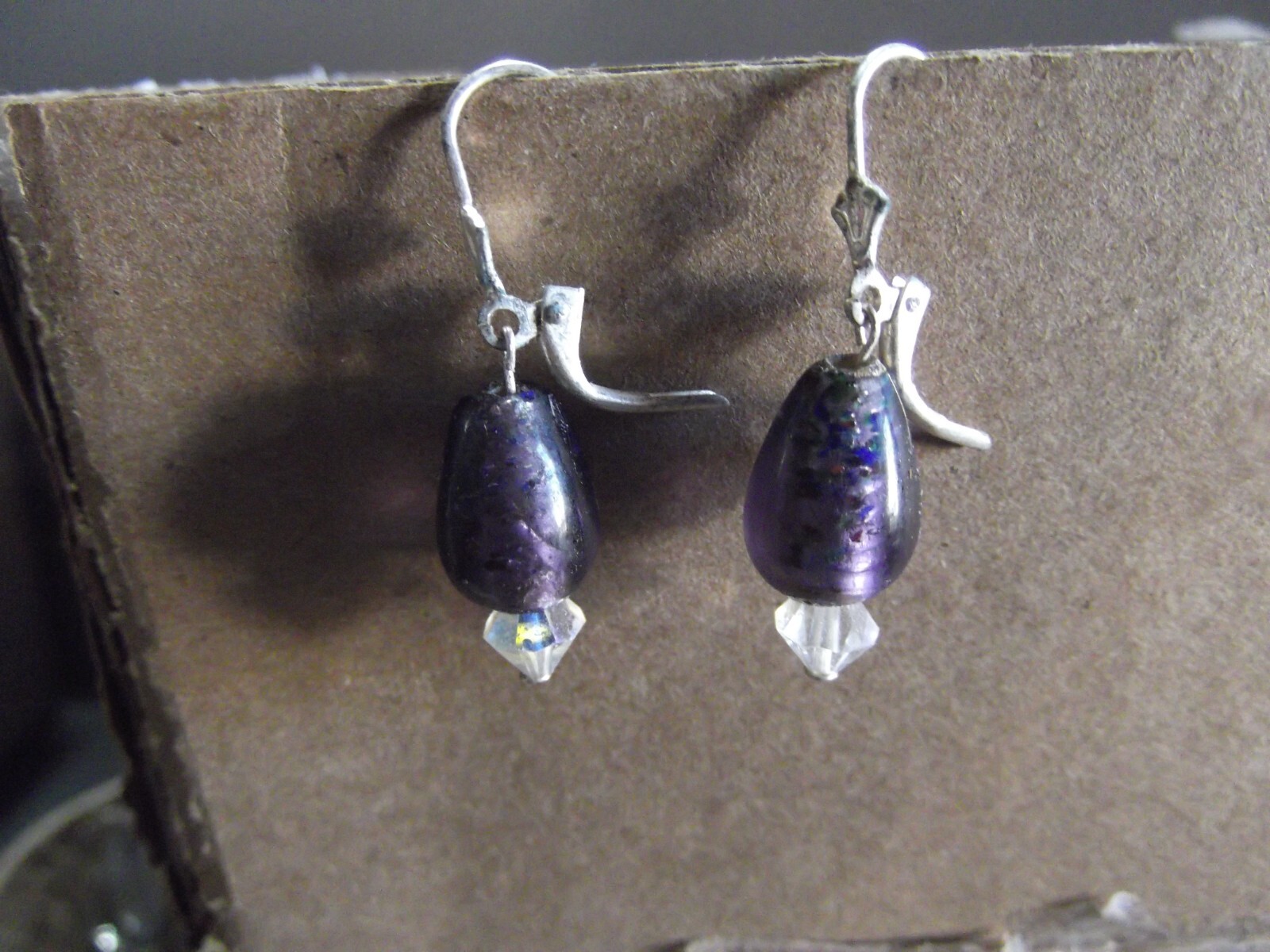 1 Pair Old 1"in Glass Purple Egg Shape Small Hook w/ Clasp Dangler Earrings