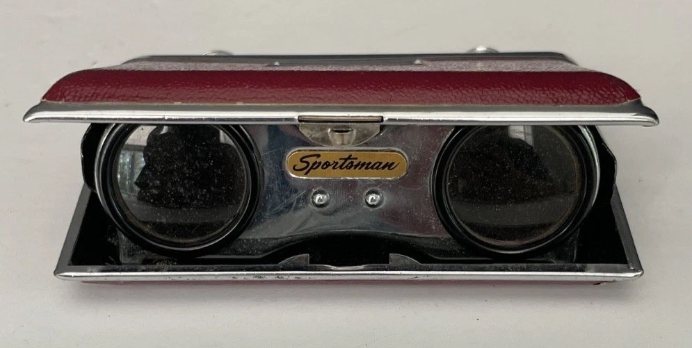 Vintage Sportsman Folding Opera Glasses Binoculars Red Chrome Compact