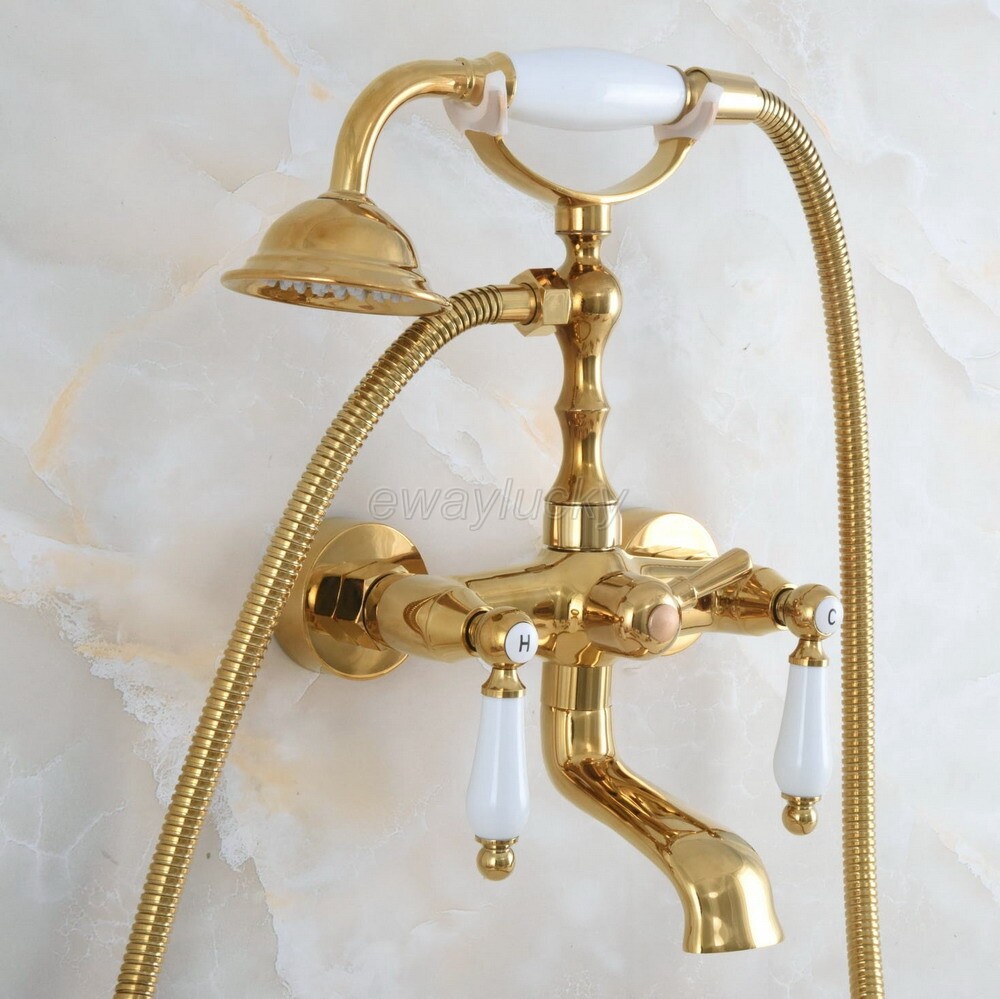 Gold Color Brass Wall Mount Bathroom Clawfoot Tub Filler Faucet Handshower