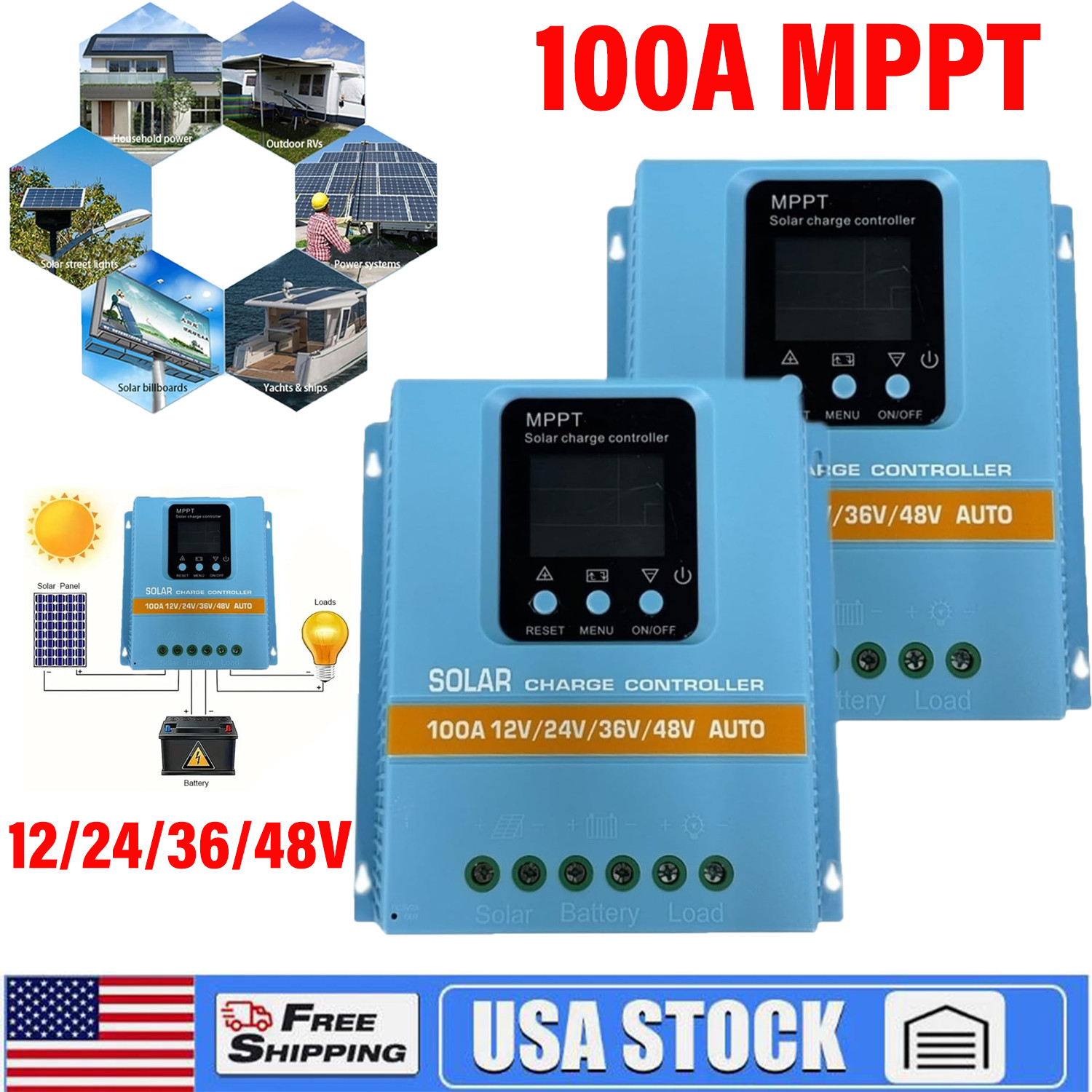 2Pack MPPT Solar Charge Controller 100A/12V 24V 36V 48V USB Battery PV Regulator