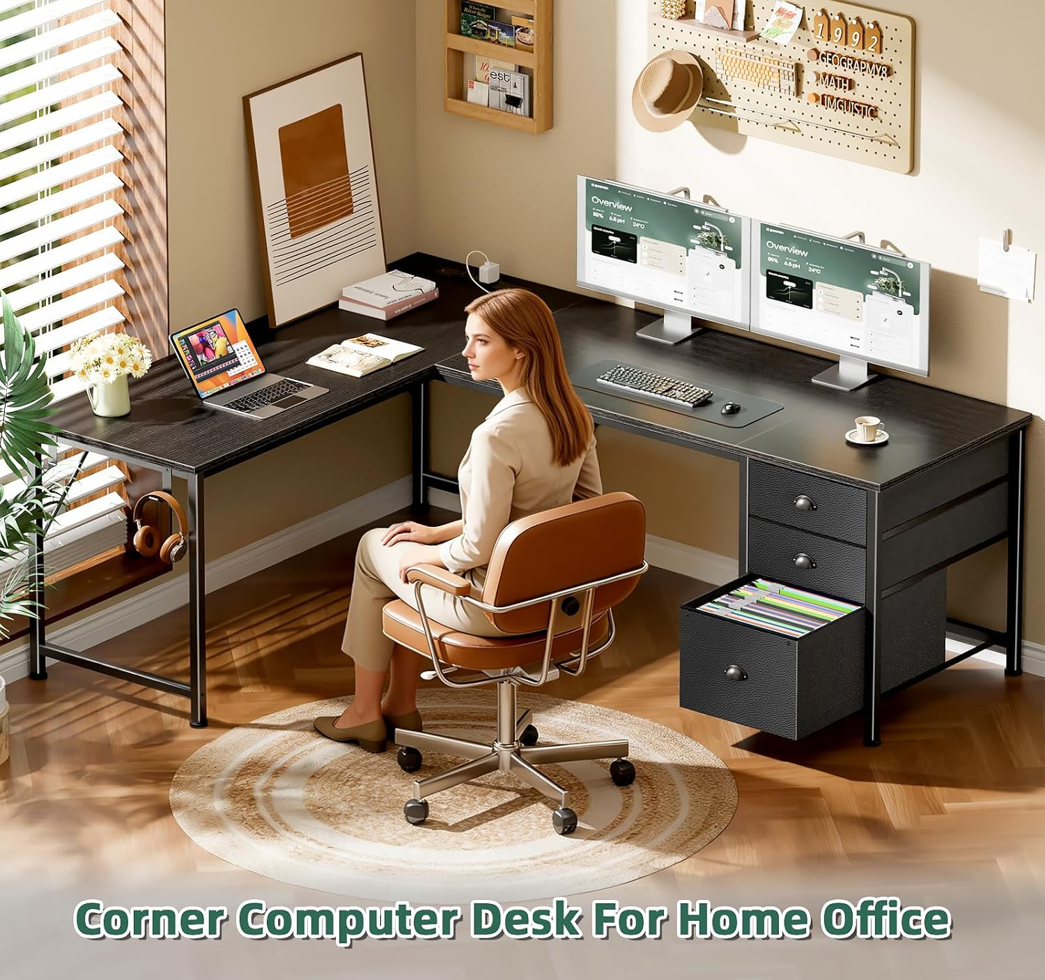 63" L Shaped Desk with Power Outlets & USB-C Port, Reversible Corner Computer De