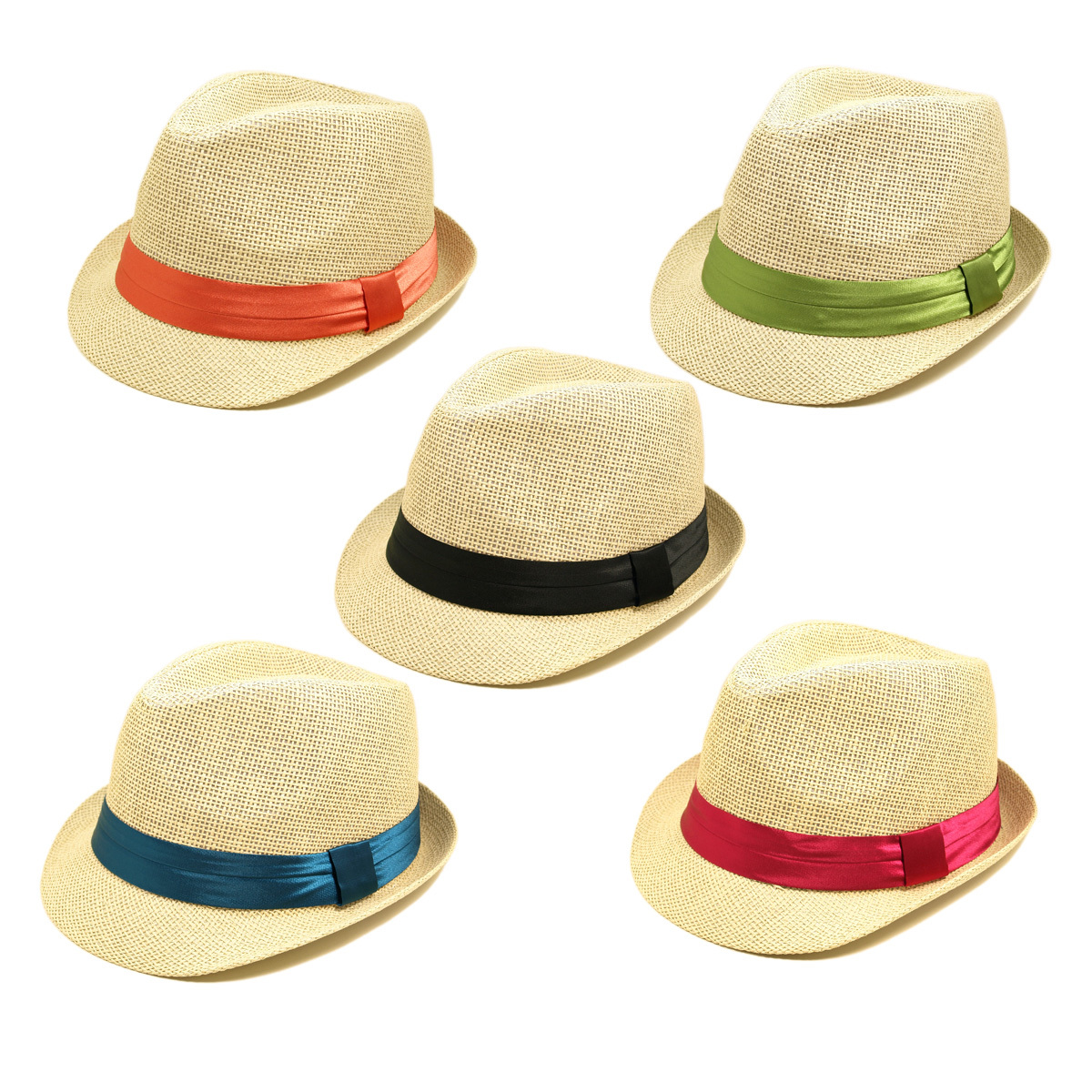 Classic One Size Natural Fedora Straw Hat w/ Ribbon Band - Diff Color Band Avail