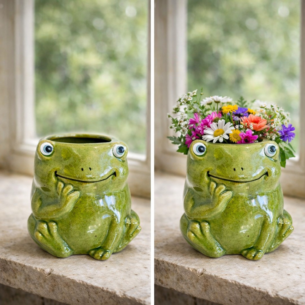Vintage Ceramic Frog Planter Handmade Green Frog Flower Pot Cute Plant Holder