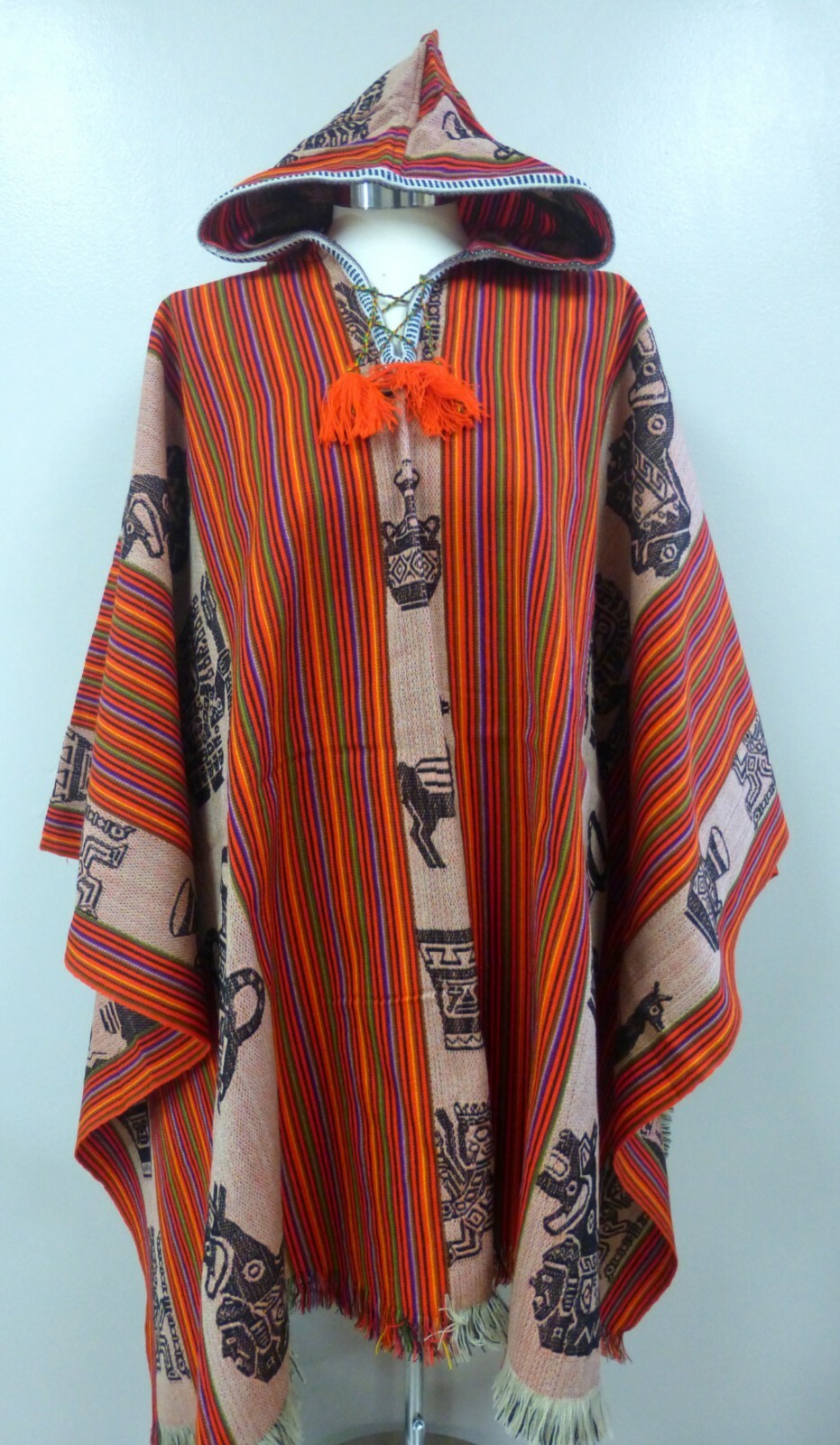 Andean Shamans Hooded Orange Tones with Colored Designs Poncho