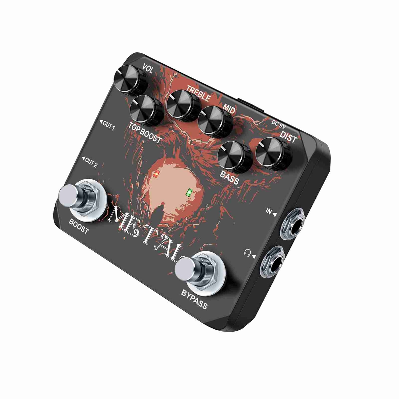 Metal Distortion Guitar Pedal - True Bypass, Headphone, 6 Knobs, DC 9V