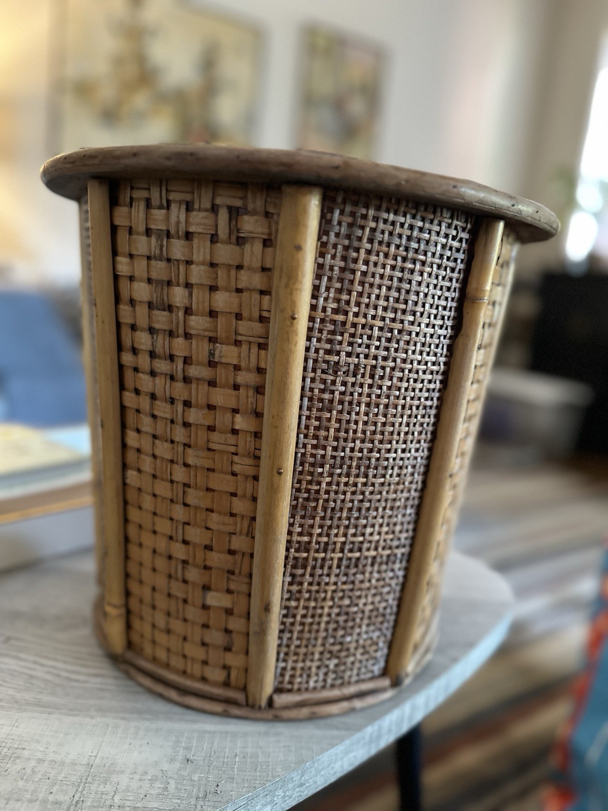 Wicker And Bamboo Panel Planter Or Wastebasket 13”