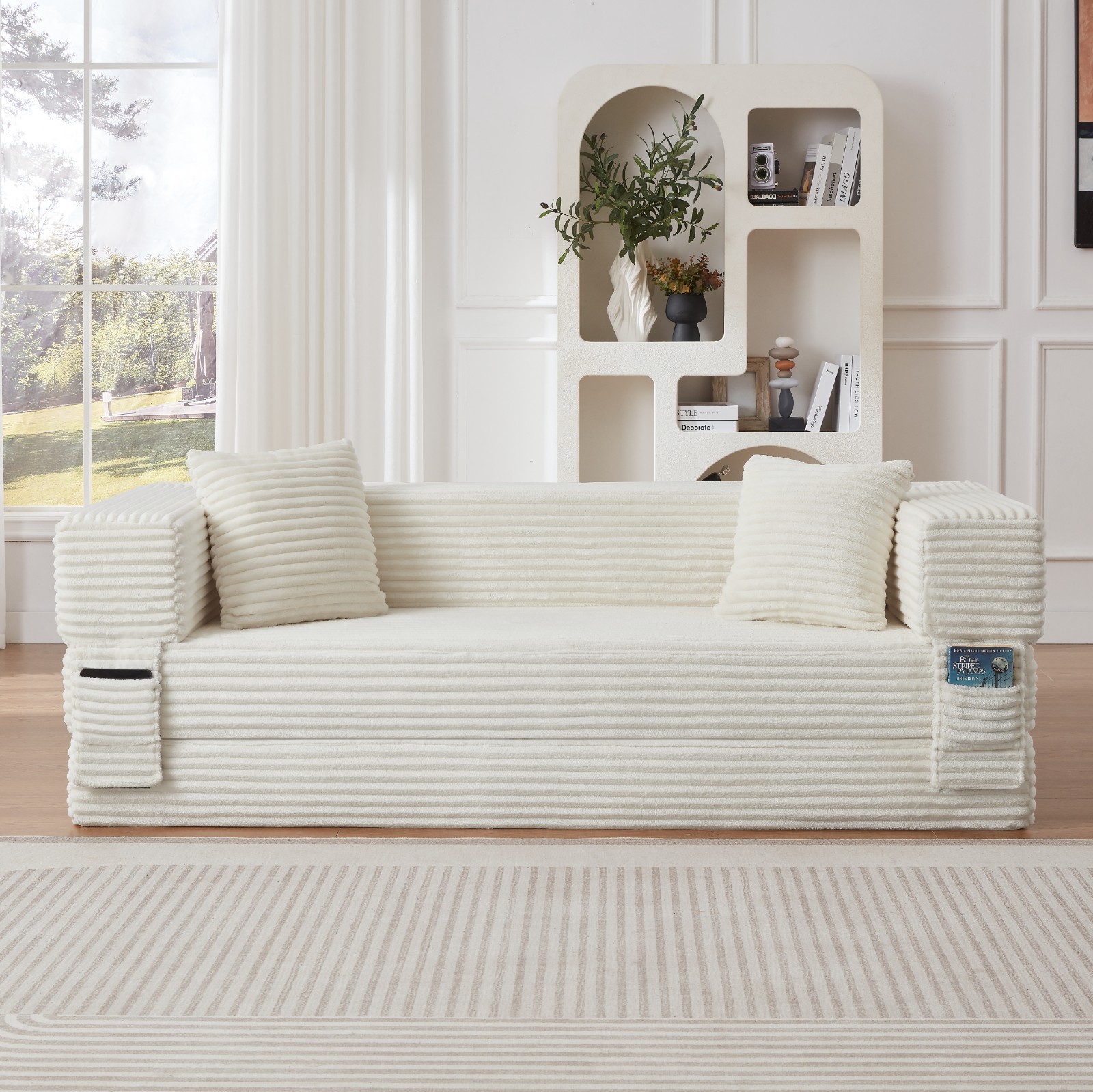 Stylish Convertible Cord Sofa Bed with Unique Two-Tier Design