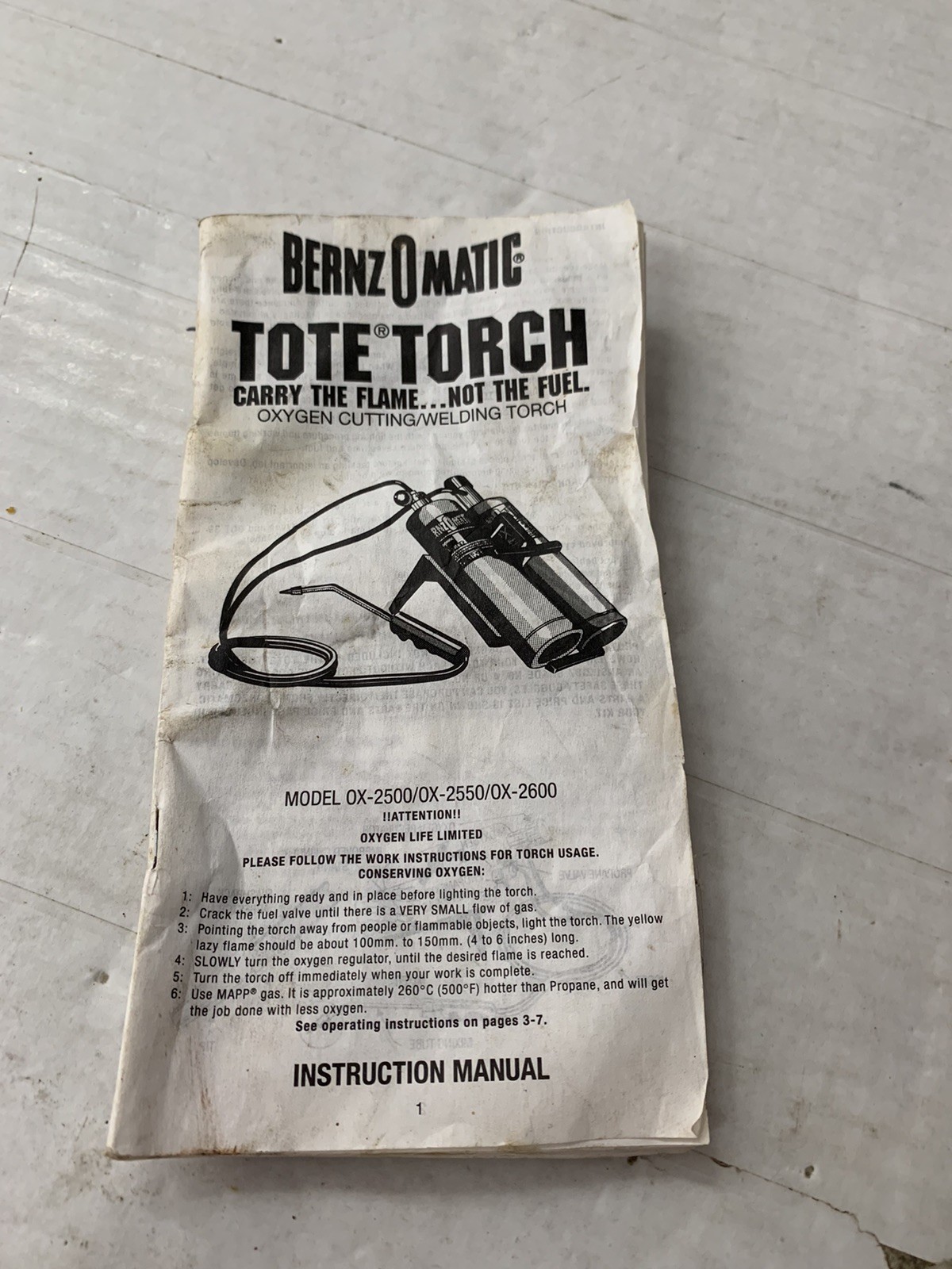Vintage BernzOmatic Tote Torch Oxygen Welding Torch-INSTRUCTION MANUAL ONLY!!