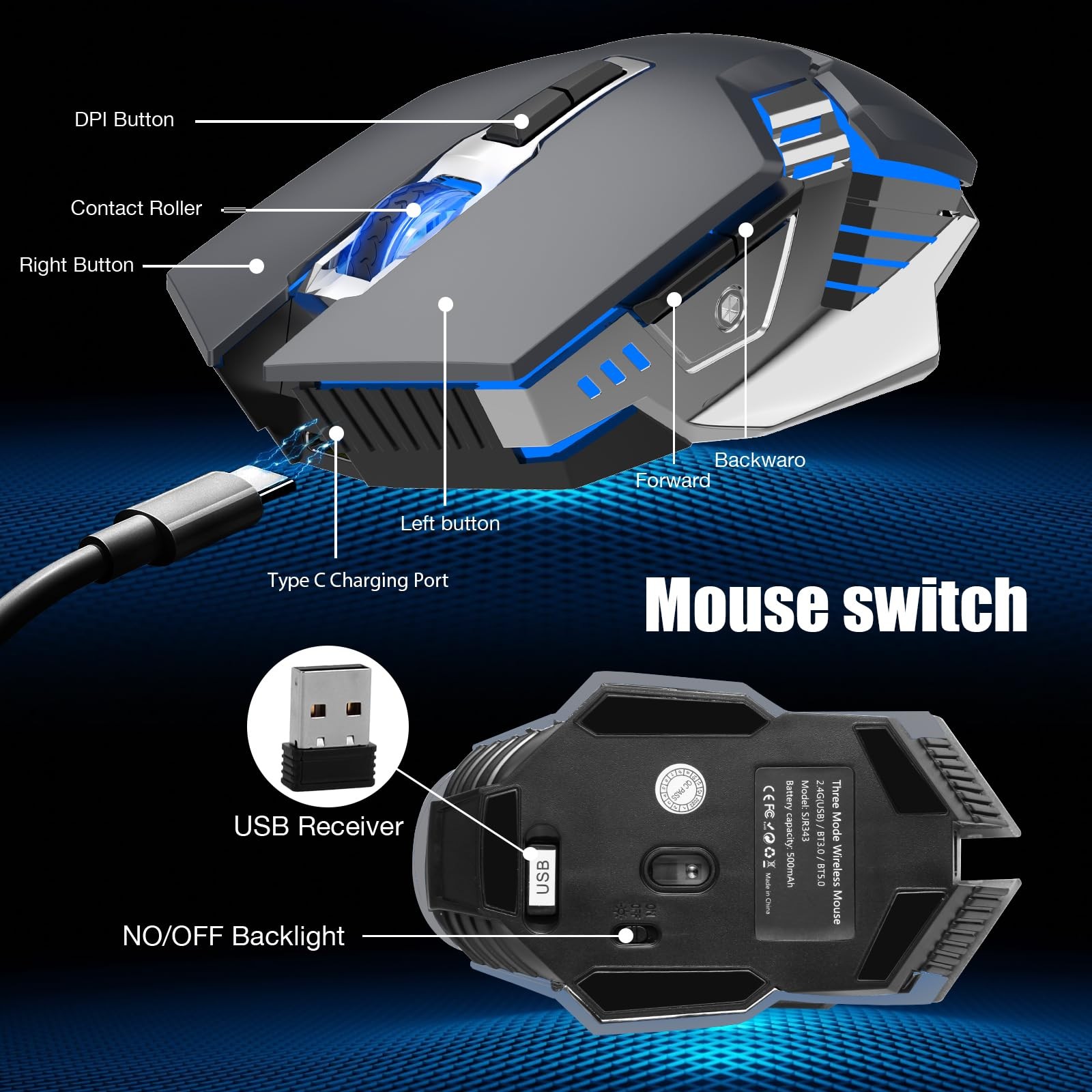 Bluetooth Gaming Mouse RGB Rechargeable Silent 6 Button DPI Laptop PC Grey