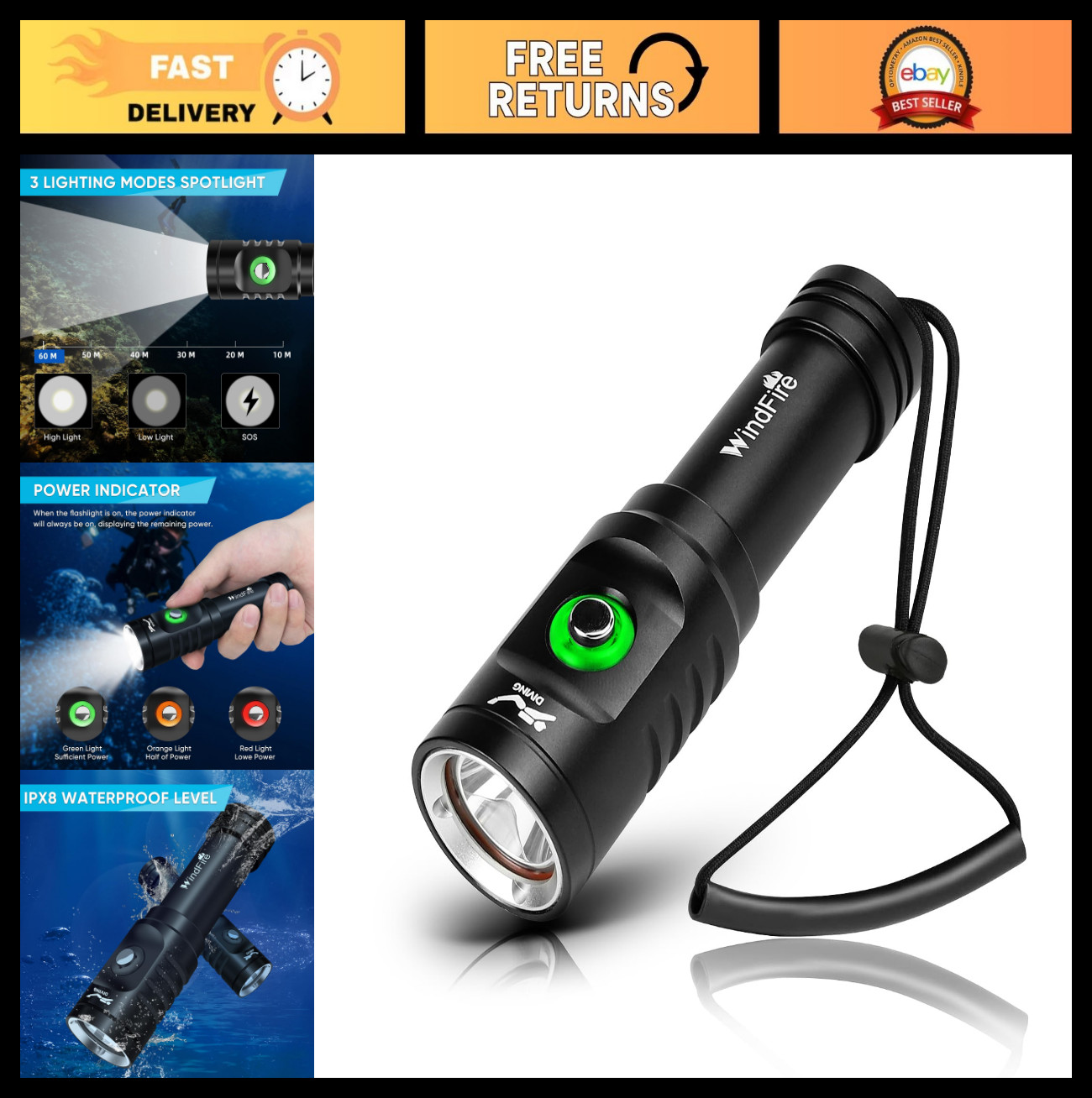 Super Bright Rechargeable Waterproof Dive Light - 3 Modes Scuba Flashlight Torch