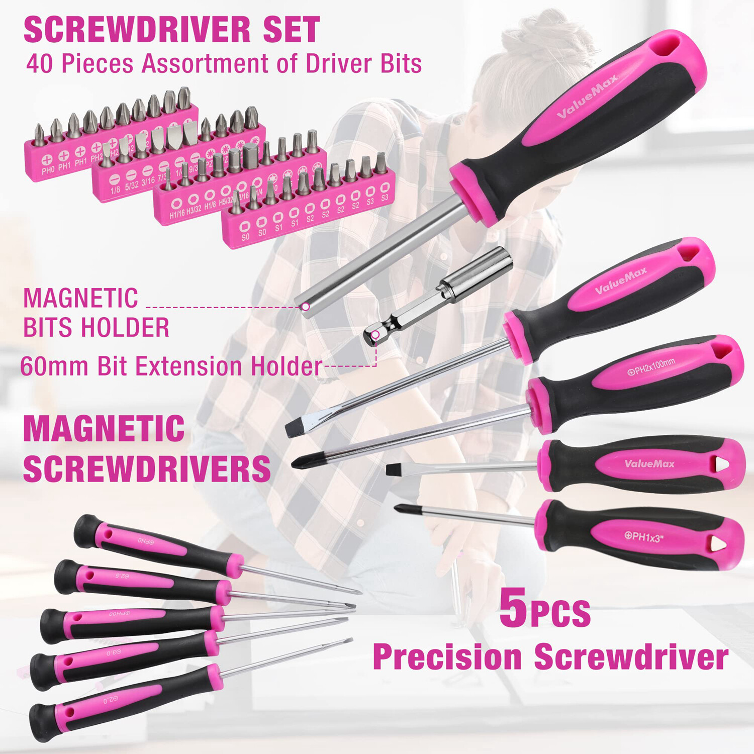 ValueMax 238PC Pink Tool Set Home Tool Kit 20V Cordless Drill Tool Set Drill Set