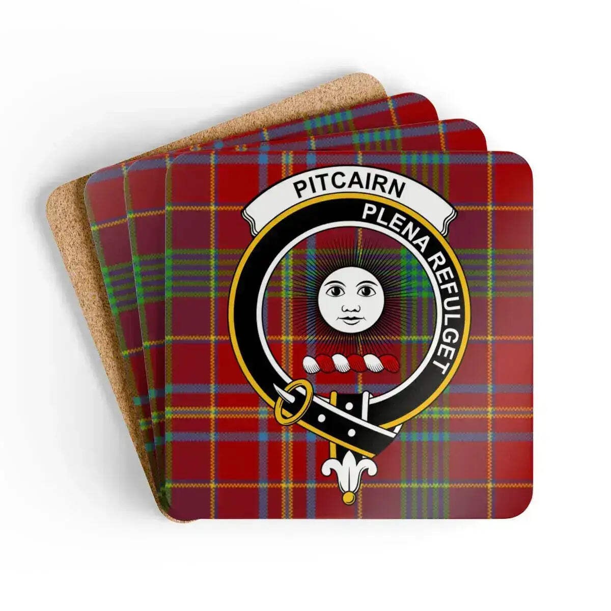 Pitcairn Clan Crest Scottish Tartan Coaster Set