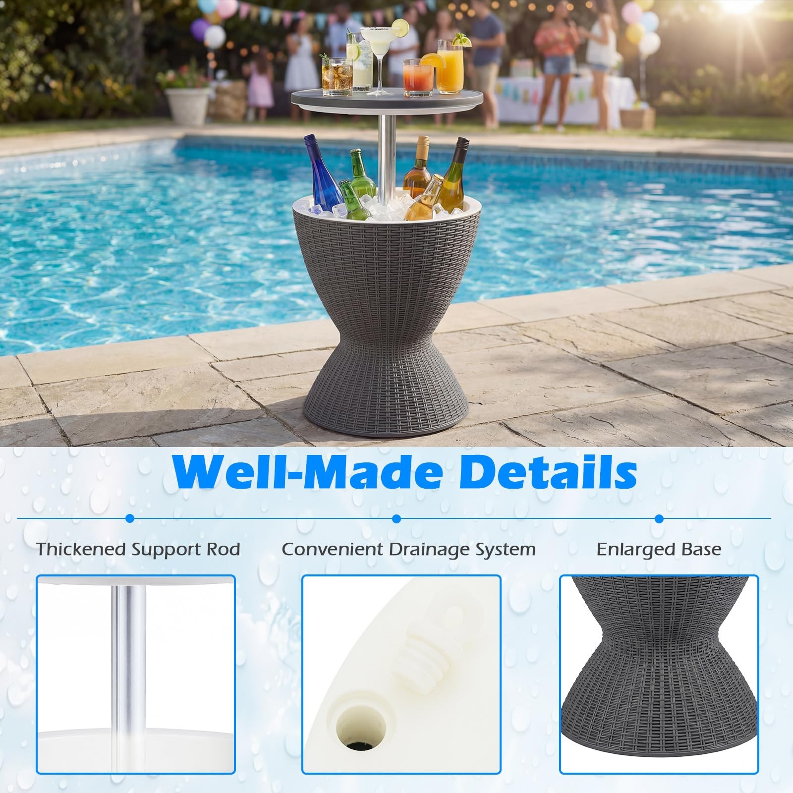 Outdoor Cooler Table, Multi-Functional Cooler Bar Table, Adjustable Height Ic...