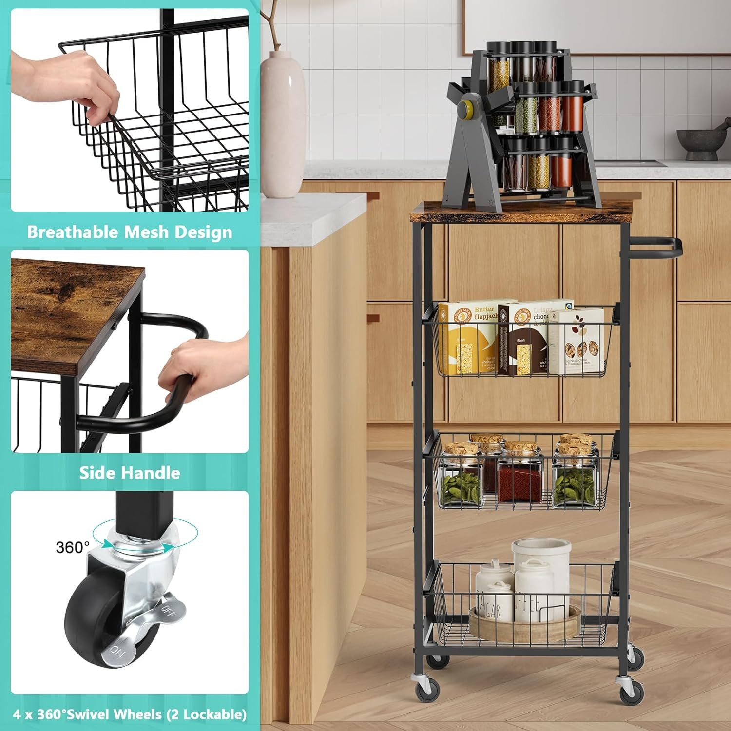 4 Tier Kitchen Storage Cart, Snack Rack Cart with Pull-Out Fruit Baskets, Mobile