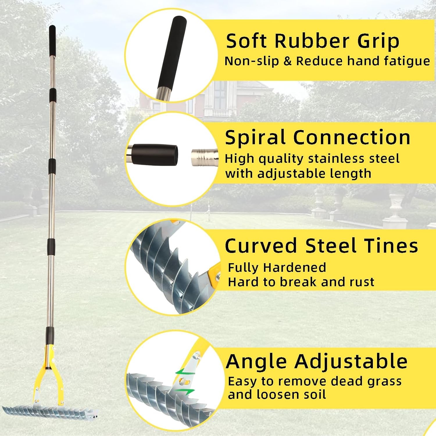 Thatch Rake 15 Inch Wide Efficient Dethatcher Rake for Cleaning Dead Grass