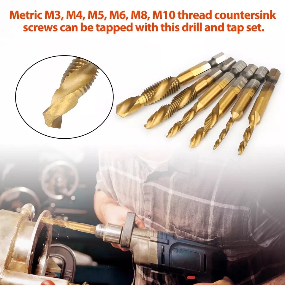 12PCS 1/4" HSS Hex Shank Titanium Plated Screw Thread Drill Bits Set M3-M10 Tap