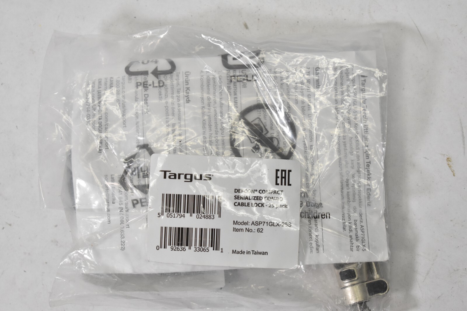 Targus Defcon Compact Serialized Combo Cable Lock Security Set ASP71GLX