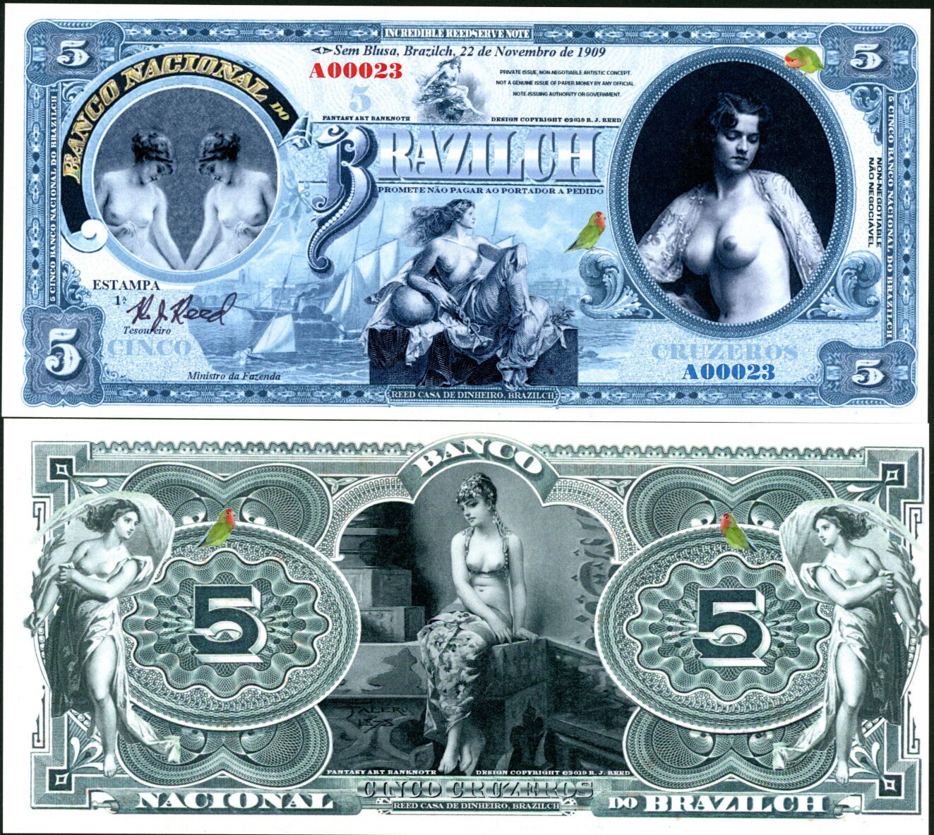 BRAZILCH 5 CRUZEROS PRIVATE ISSUE FANTASY ART NOTE BEAUTIFUL NUDE LOVELY LADIES!