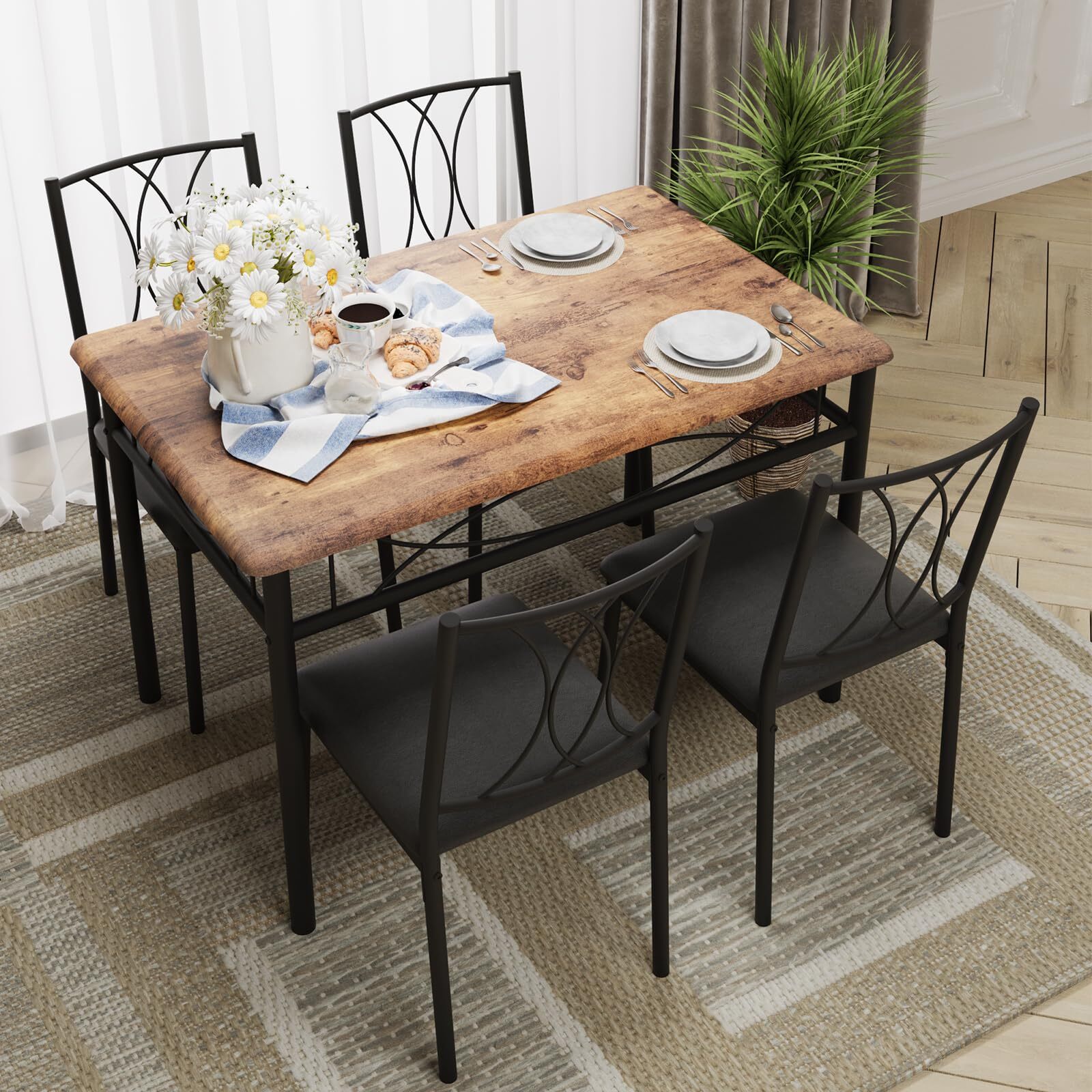 5 Piece Dining Table Set for 4 ,Dinette Kitchen Table and 4 Upholstered Chairs