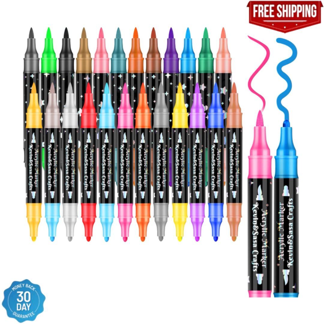 24 Colors Dual Tip Acrylic Paint Marker Pens Set Multifunctional Acrylic Tips