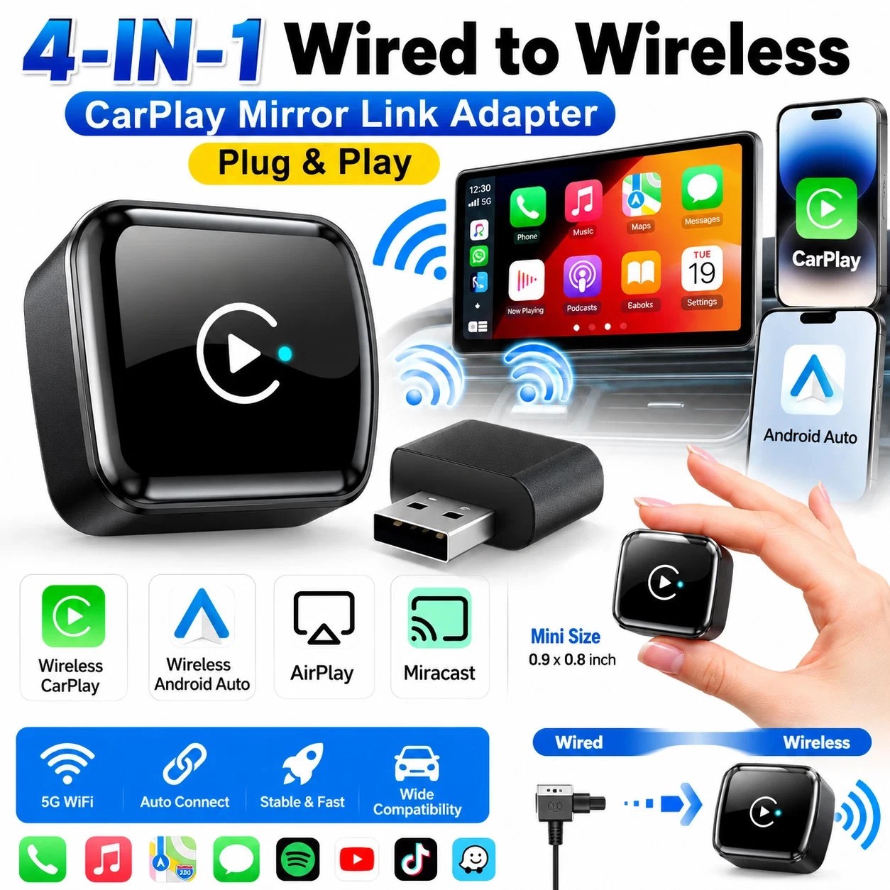 4 in 1 Wireless CarPlay Adapter For Apple Android Carplay Dongle Plug and Play