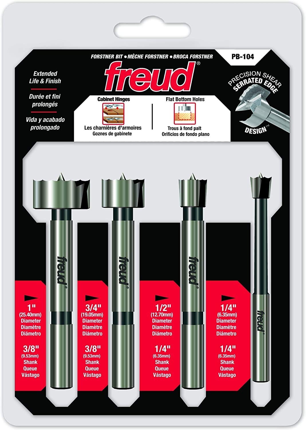 Freud PB-104 1/4" to 1" Diameter 4 Pcs. Forstner Bit Set