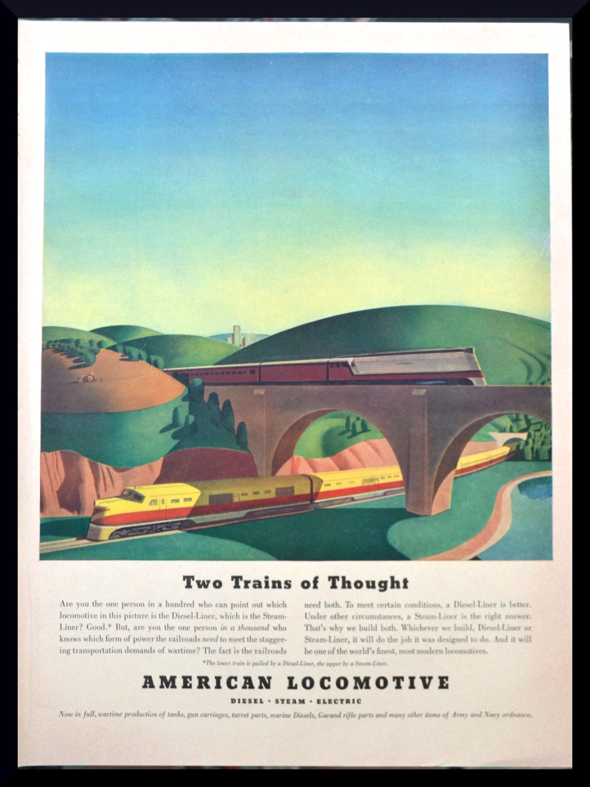 American Locomotive DIESEL LINER Steam RAILROAD Trains 1942 Magazine Ad