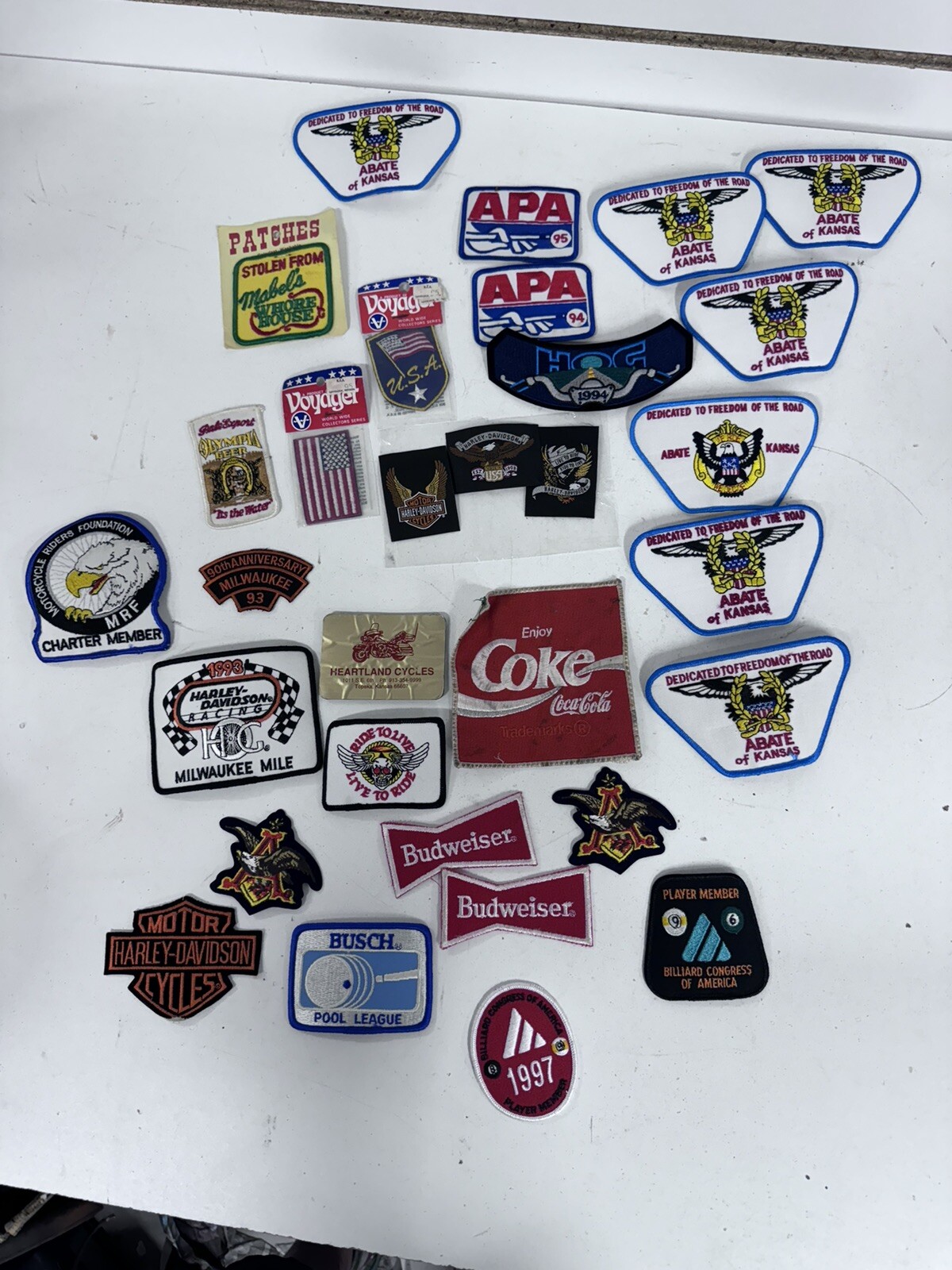 VTG Lot Of 32 patches Harley Coke Budweiser Busch Olympia Beer Mabel’s Pool BH
