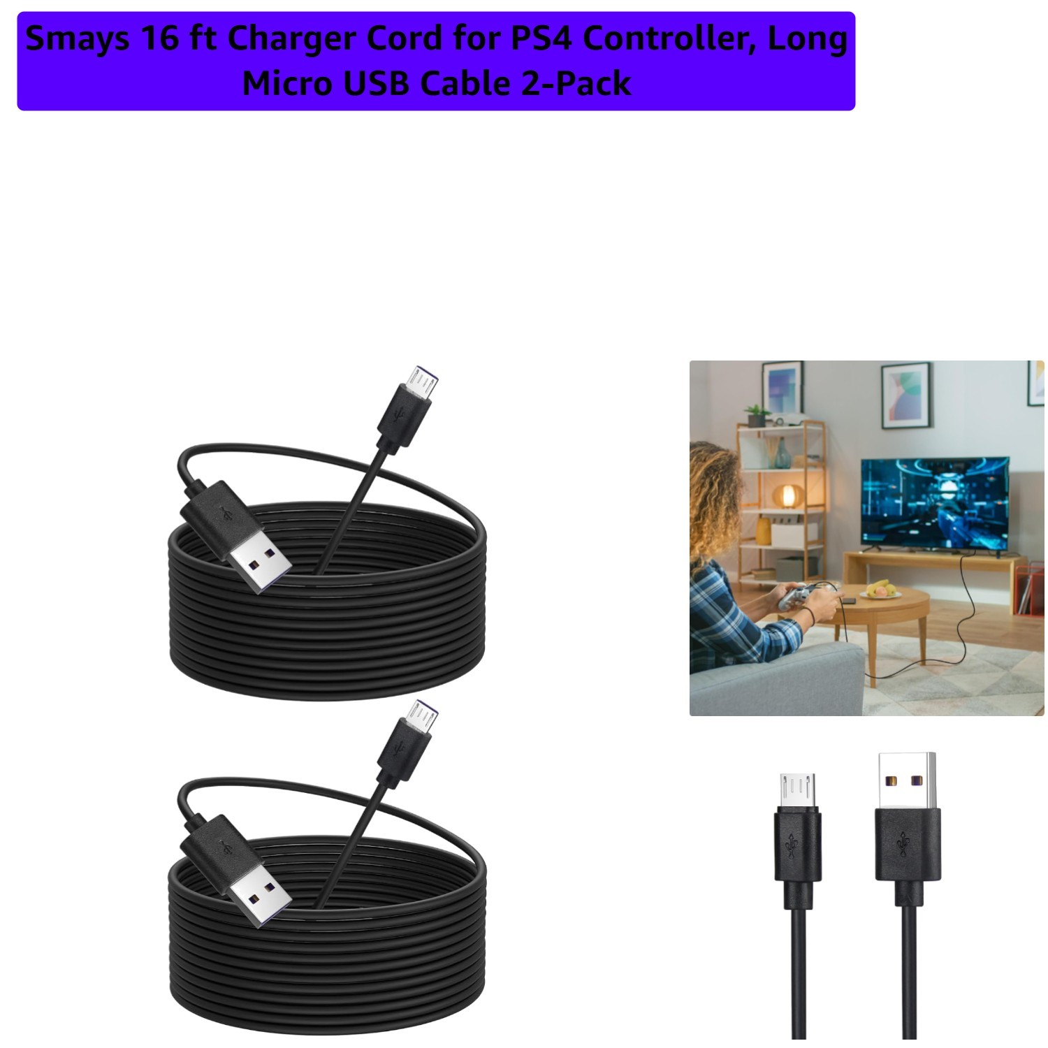 16 ft Durable Micro USB Charge Cable Set for PS4/Xbox - Two Cords Included