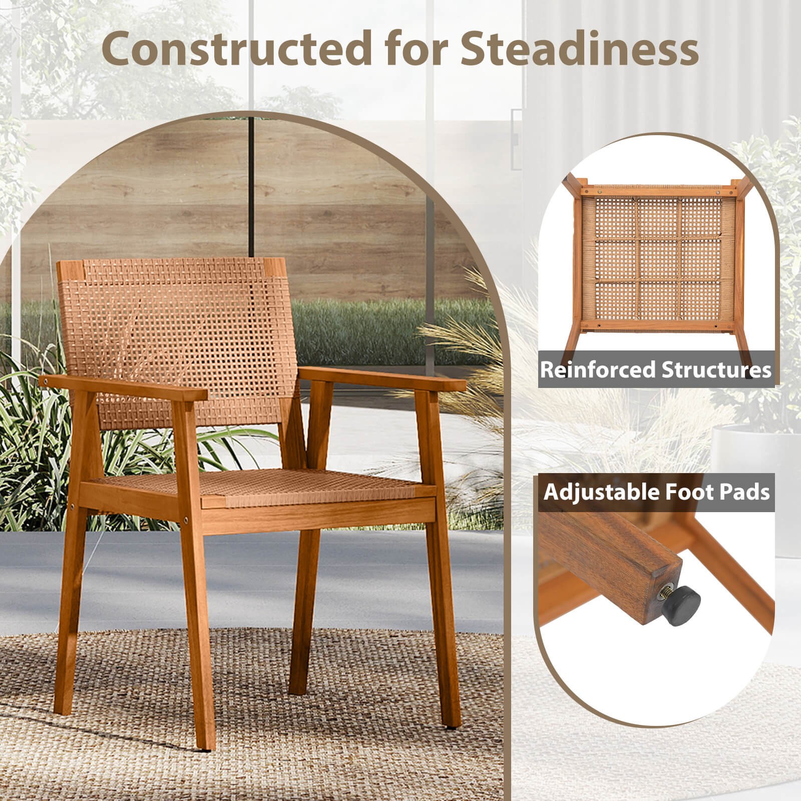 5PCS Acacia Wood Dining Set, Outdoor Table & Rattan Chairs for Balcony, Poolside