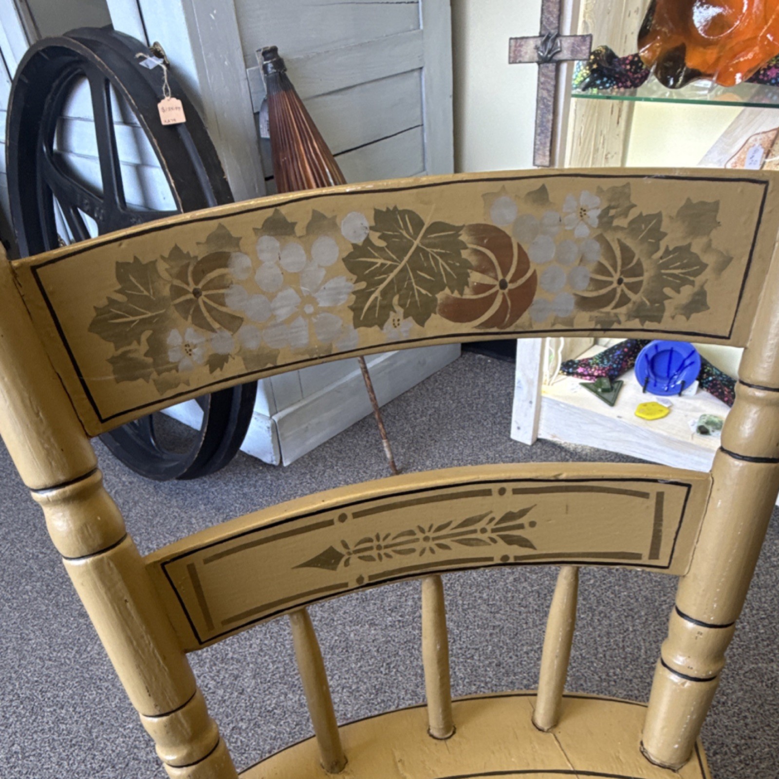 Antique Beige Wooden Dining Chair Floral Painted Floral & Garden Theme
