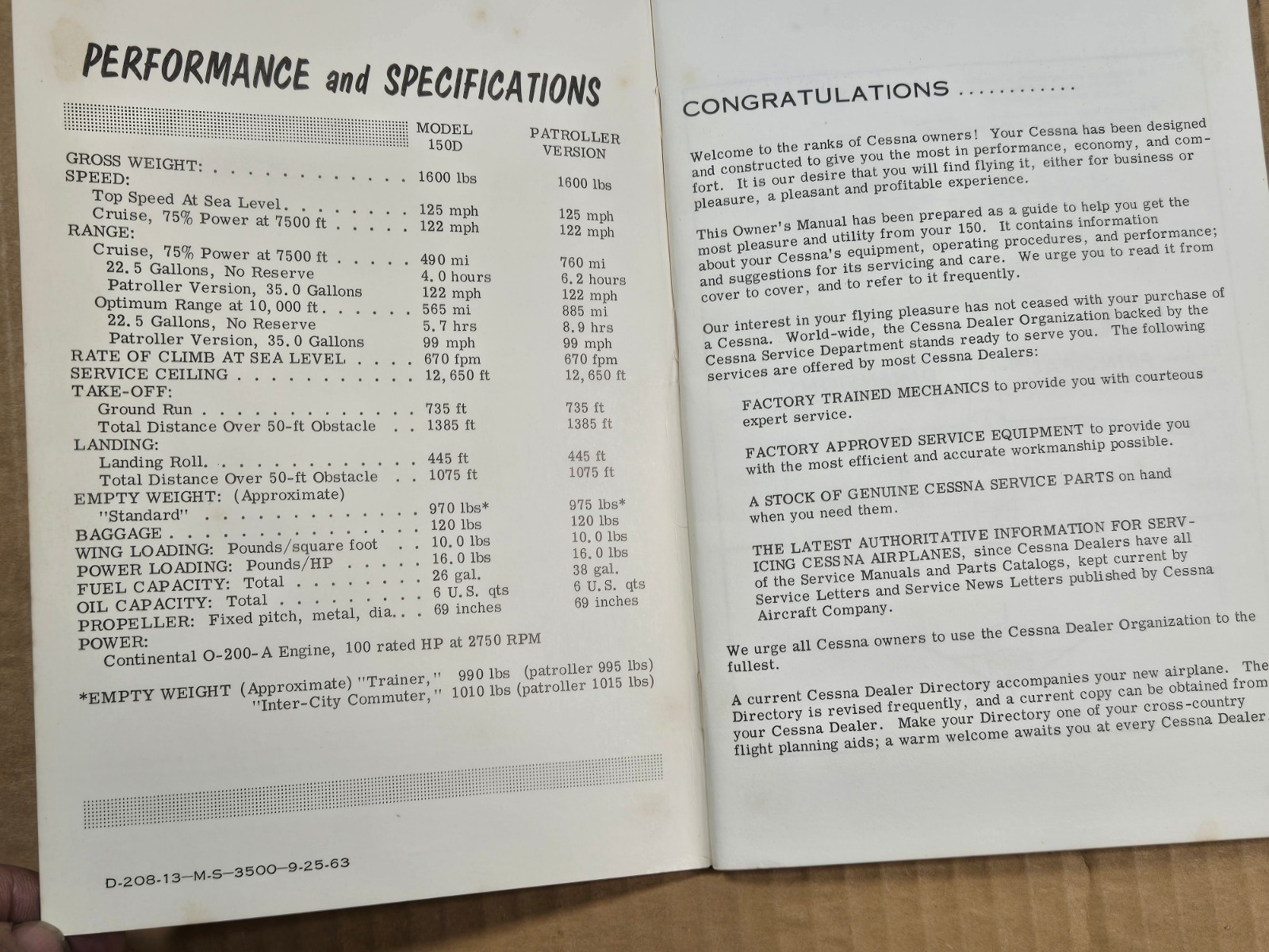 CESSNA Model 150 Owner's Manual 1964 - Good Condition