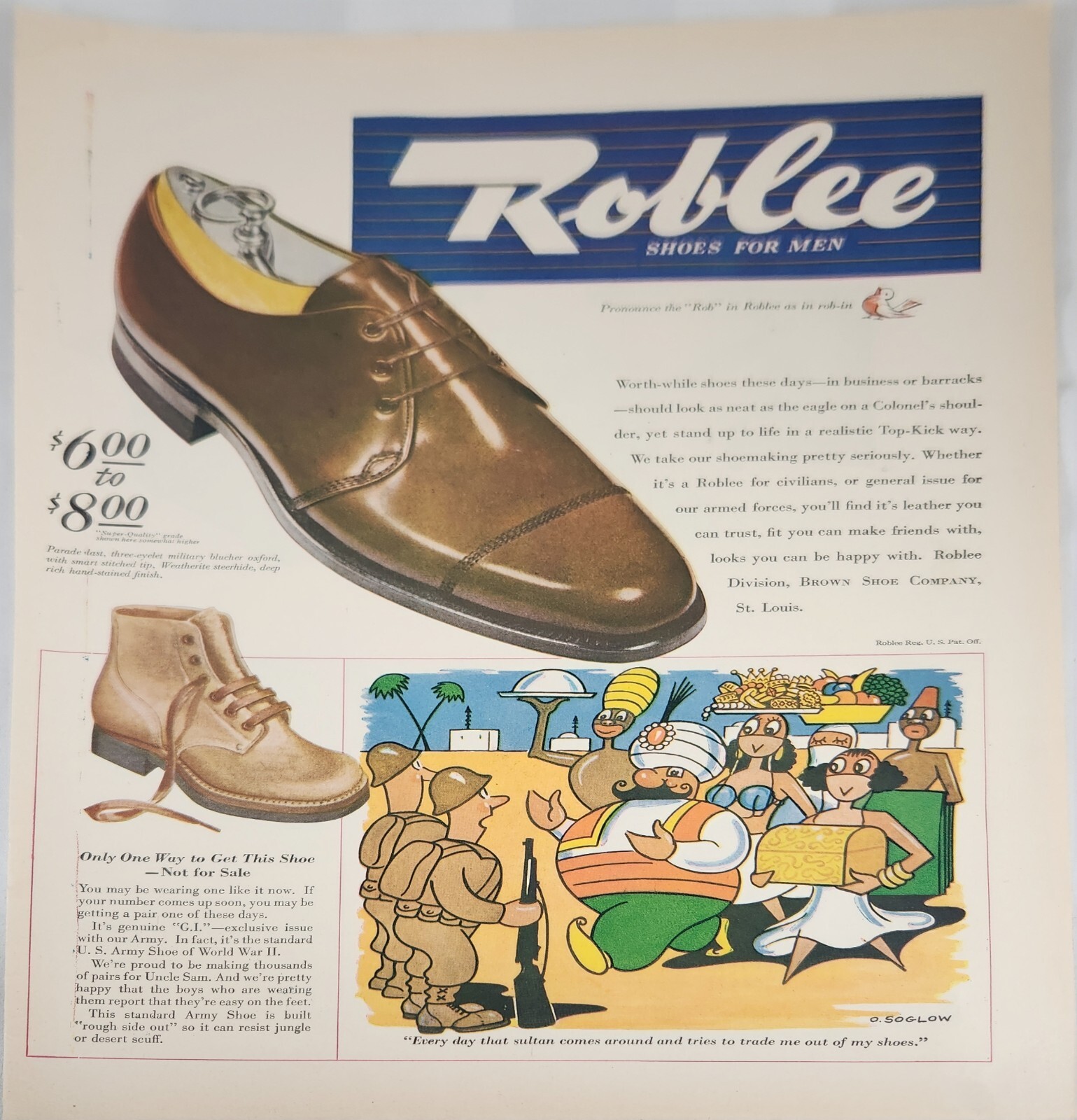 1944 Roblee shoes for men vintage ad in business or barracks