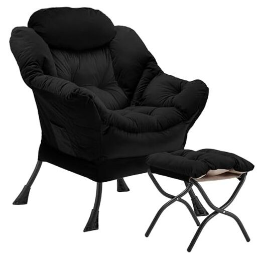 Lazy Chair with Folding Ottoman, Accent Chair Velvet Upholstered with Black-f