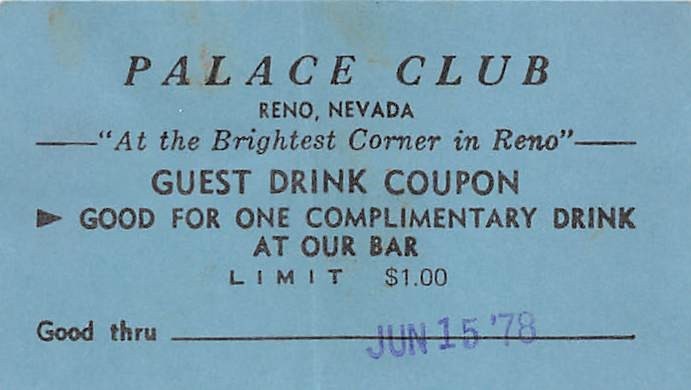 Palace Club - Reno, NV - Vintage Paper Drink Coupon - Dark Blue