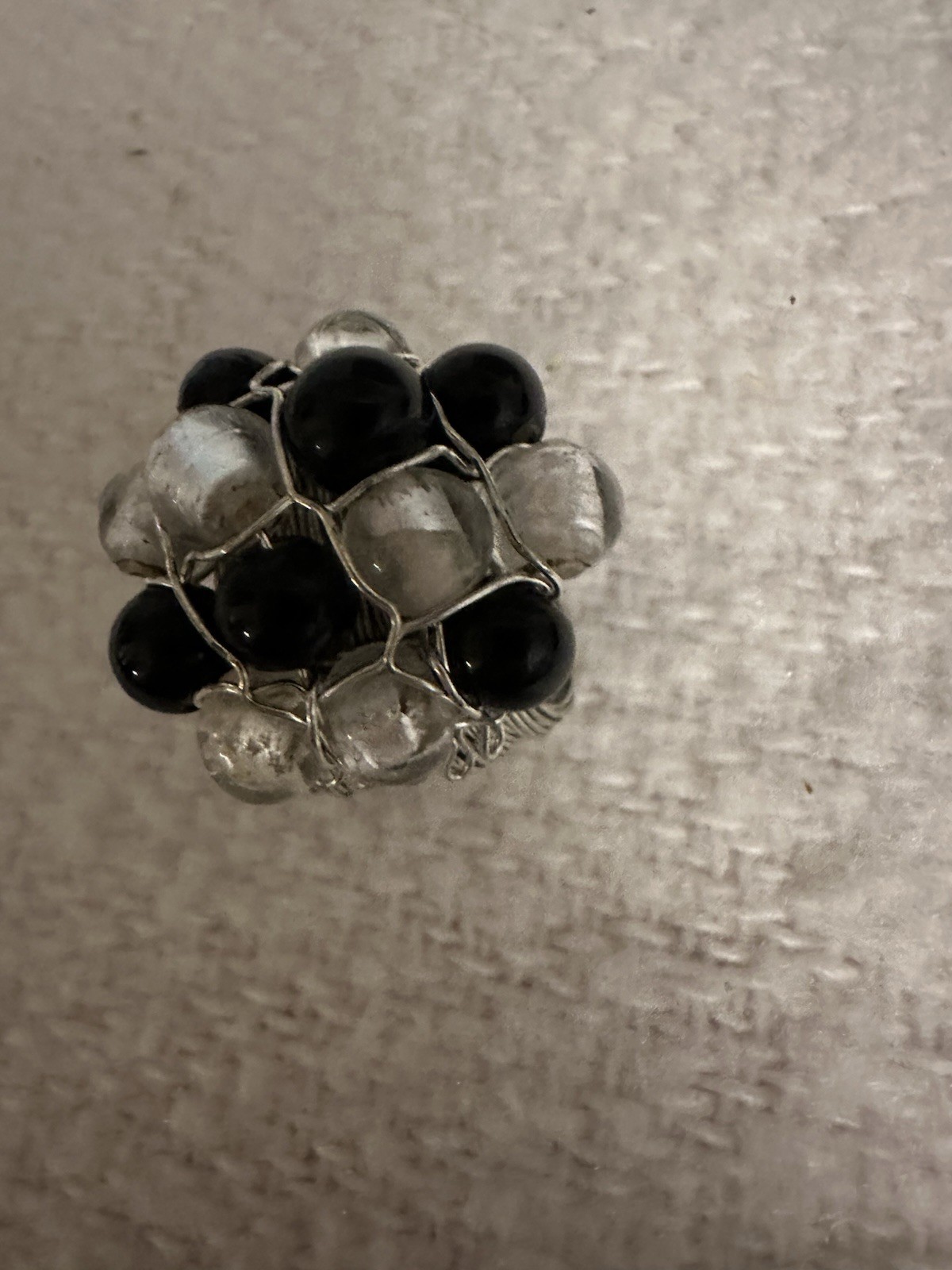 Black Bead & Silver Foil Clear Bead Wire Wrapped Statement Ring Size 9