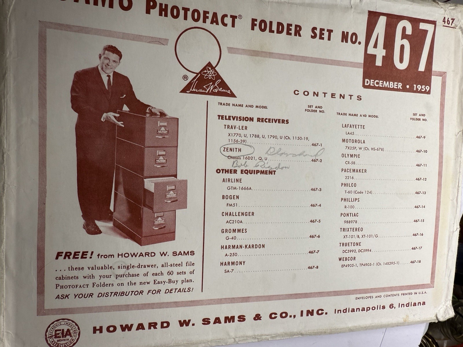 SAMS Photofact Folder Set 467 Dec 1959 Vintage TV Radio Service Manuals