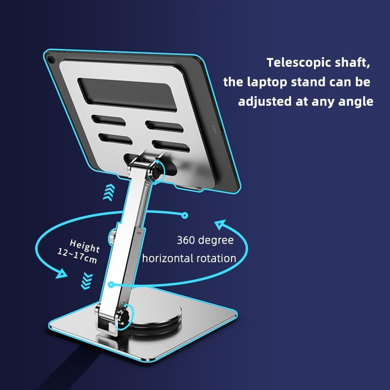Tablet Stand for Desk, Adjustable Height & Swivel with 360° Rotating Base, Table