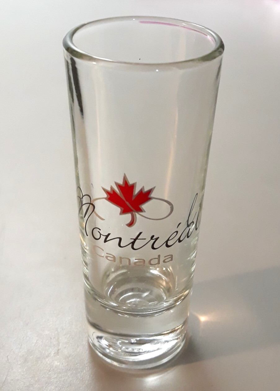 Montreal Canada Tall Shot Glass Red Maple Leaf Heavy Bottom Barware VTG Taiwan